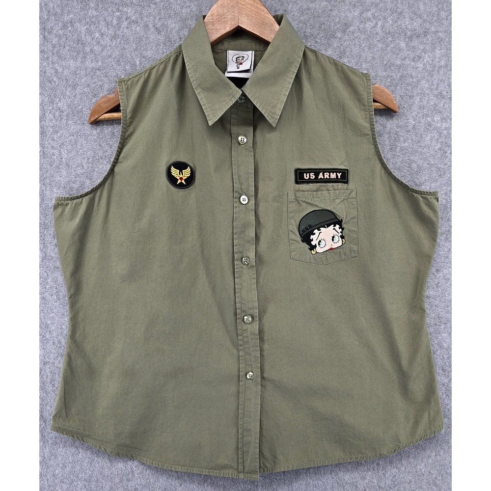 Vtg Y2K Betty Boop Women's XL Sleeveless Button Up Shirt Army Green‎ Patches